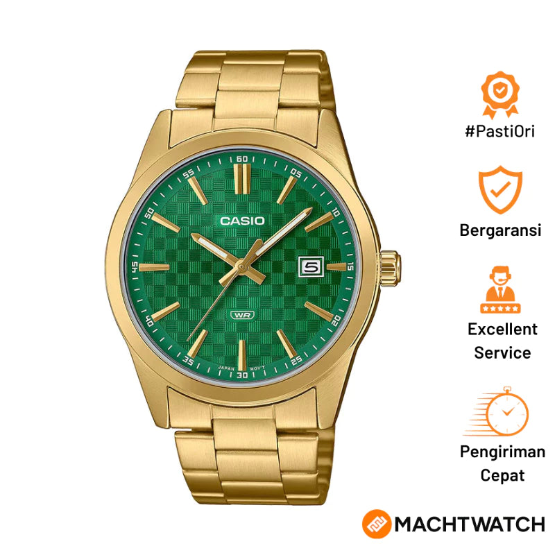 Jam Tangan Pria Casio General MTP-VD03G-3AUDF MTPVD03 MTP-VD03G Dress Green Dial Gold Stainless Steel Band