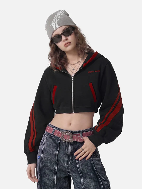 AELFRIC EDEN CROPPED CONTRAST STRIPE ZIP UP HOODIE-Gold Mountain