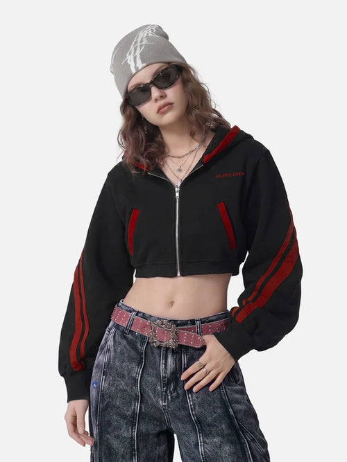 AELFRIC EDEN CROPPED CONTRAST STRIPE ZIP UP HOODIE-Gold Mountain