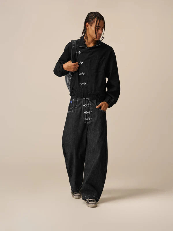 AELFRIC EDEN METAL BUTTON RAW BAGGY BARREL JEANS-Gold Mountain