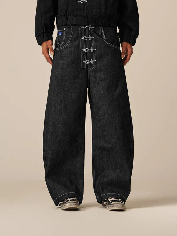 AELFRIC EDEN METAL BUTTON RAW BAGGY BARREL JEANS-Gold Mountain