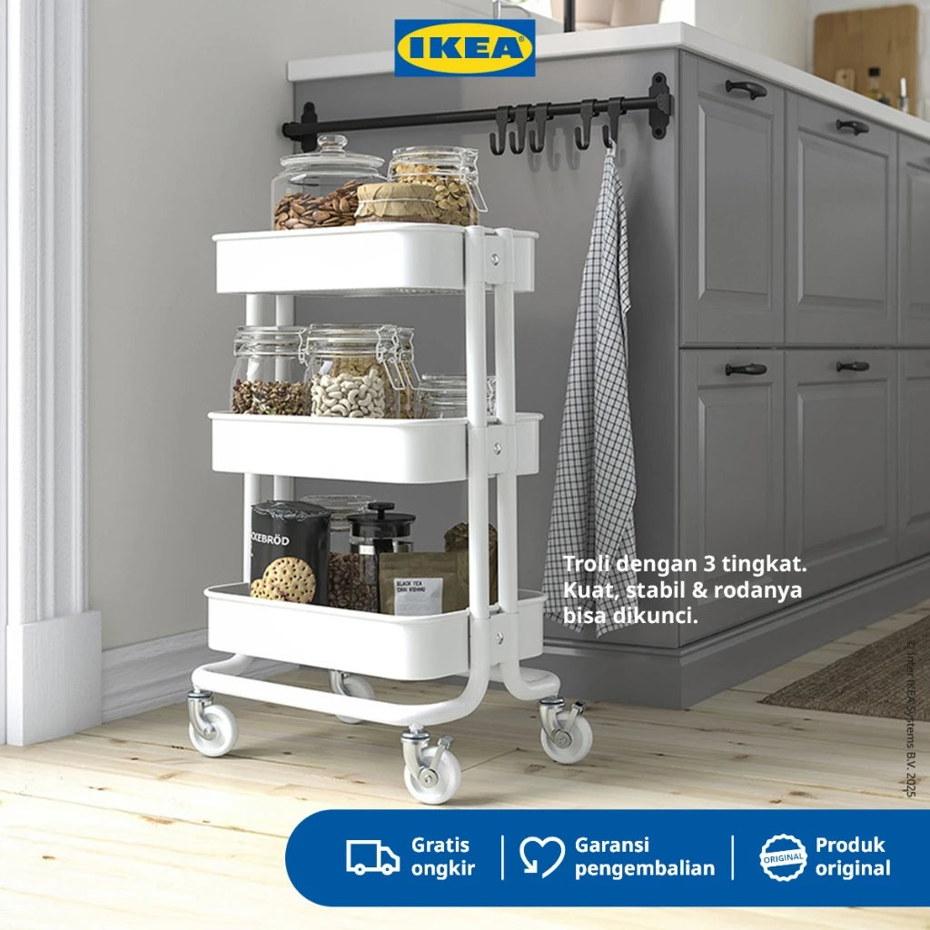 IKEA RASKOG Troli Dapur dengan 3 Rak Serbaguna 28x38x61cm-Gold Mountain