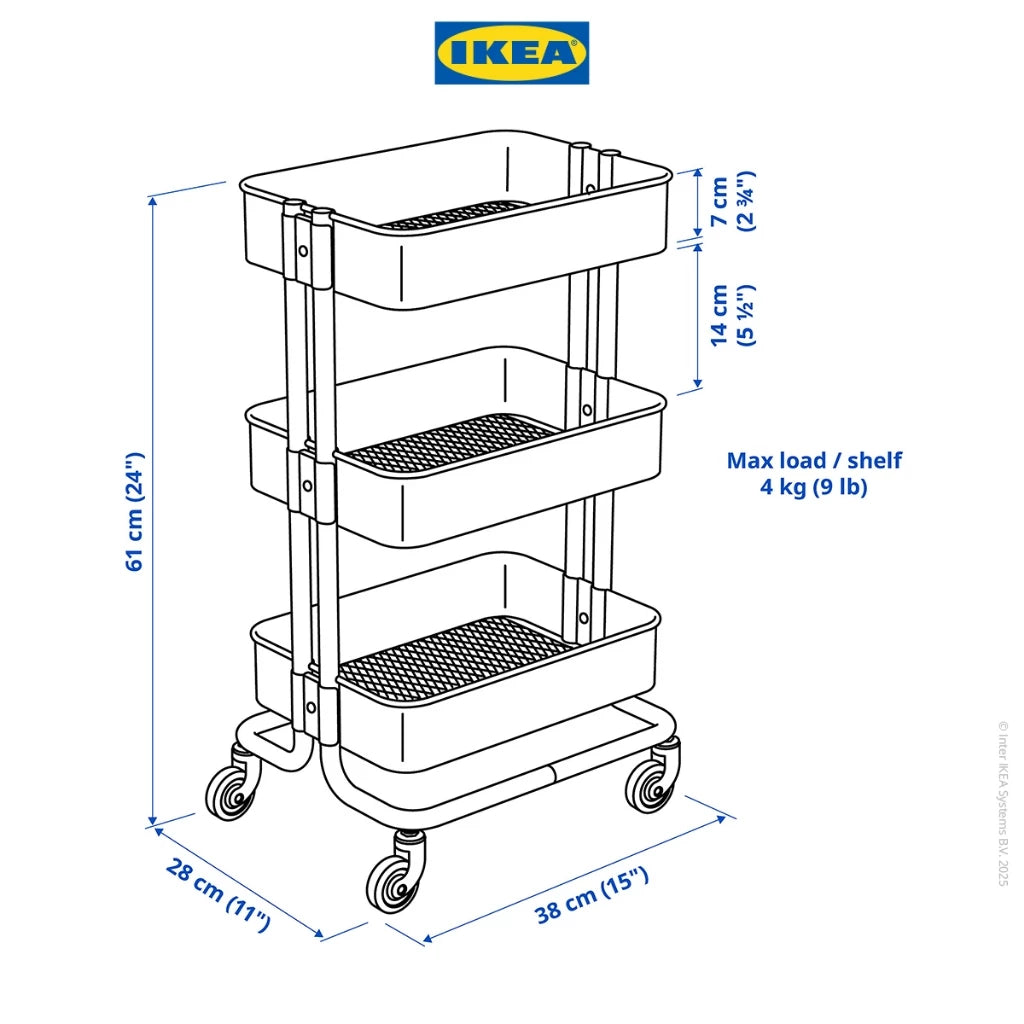 IKEA RASKOG Troli Dapur dengan 3 Rak Serbaguna 28x38x61cm-Gold Mountain